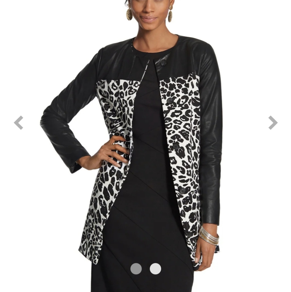 Chicos trench coat black and white leopard print jacket with leather panels.  Si